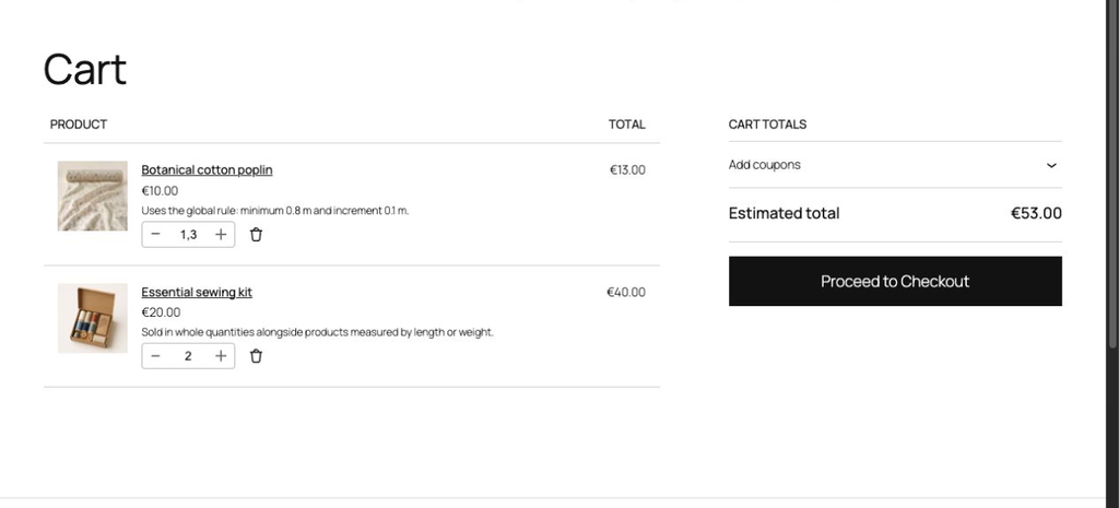 Panier WooCommerce Blocks associant quantité décimale et quantité entière