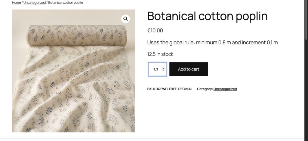 Fiche produit WooCommerce avec une quantité de 1,3 mètre