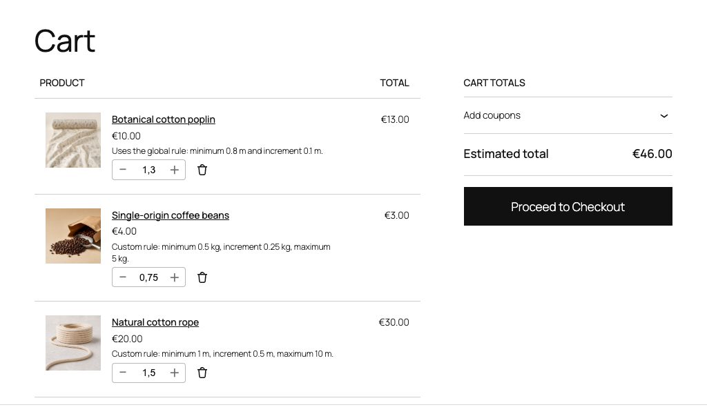 Panier WooCommerce Blocks avec plusieurs incréments décimaux